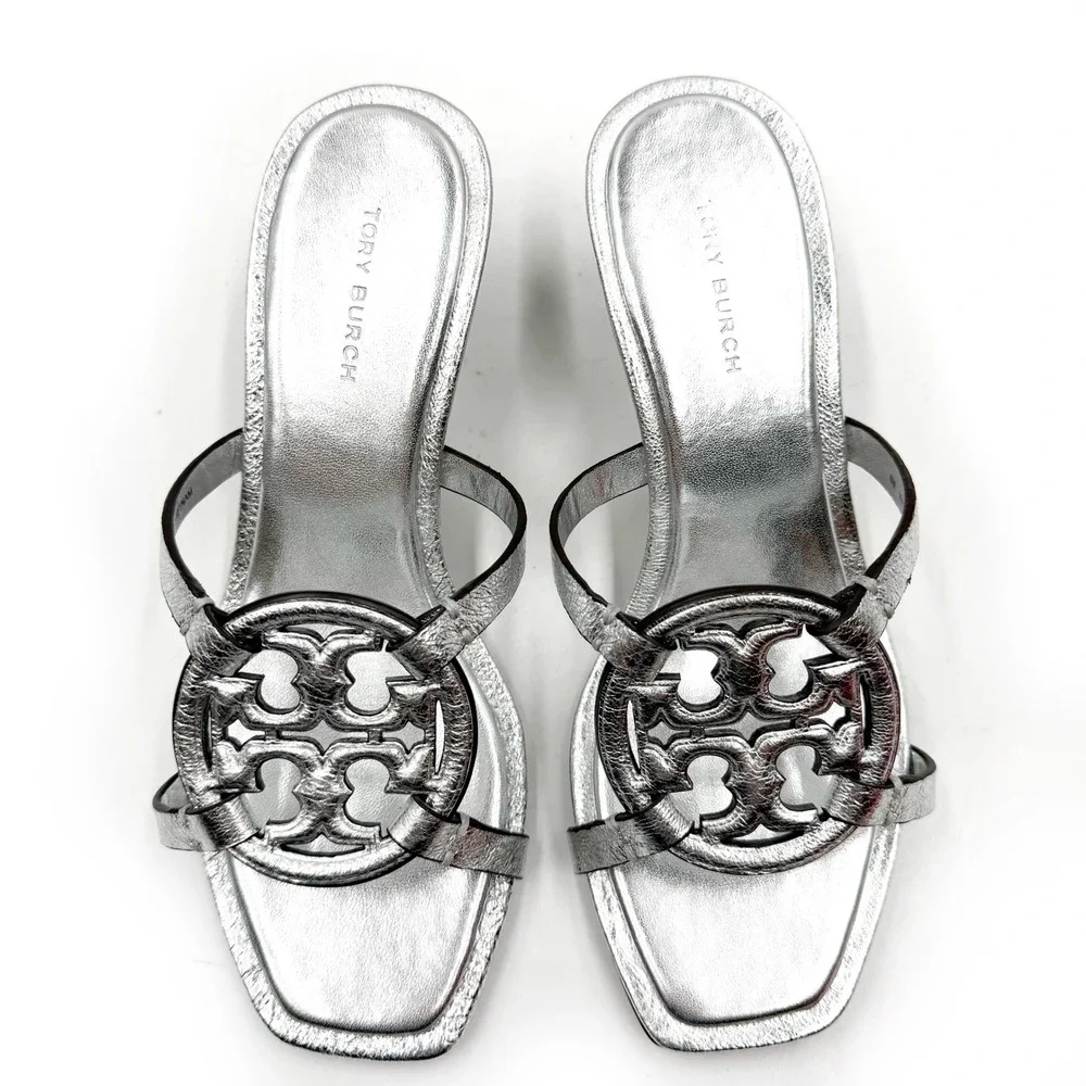 Tory‎ Burch Geo Bombe Miller Sandals Metallic Silver Thong Low Heel Sz 6